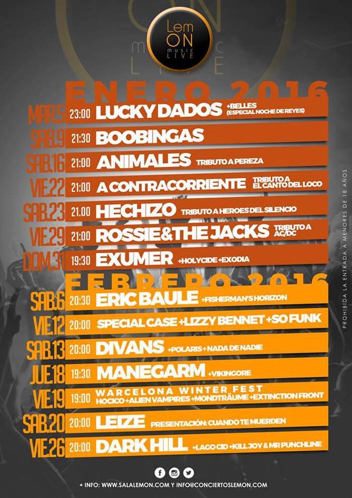Conciertos sala lemon enero y febrero 2016